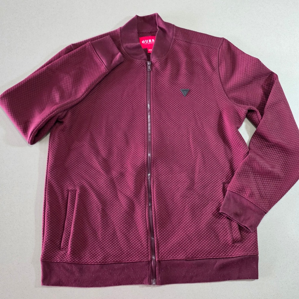 Guess Los Angeles Mens Burgundy Quilted Diamond Texture Full Zip Bomber Jacket L